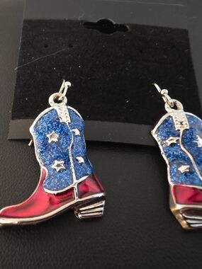 Patriotic Cowboy Boot Dangle Earrings - Blue & Red